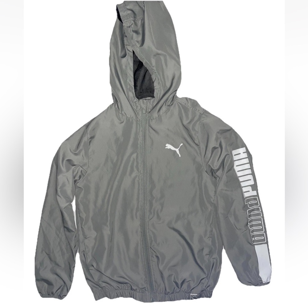 Puma Kids' Gray Hooded Windbreaker with White Logo Sleeve Script